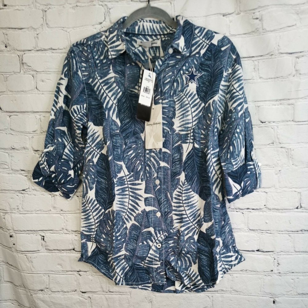 Tommy Bahama Linen Dallas Cowboys Button Hawaiian Shirt Women's XS Blue NWOT